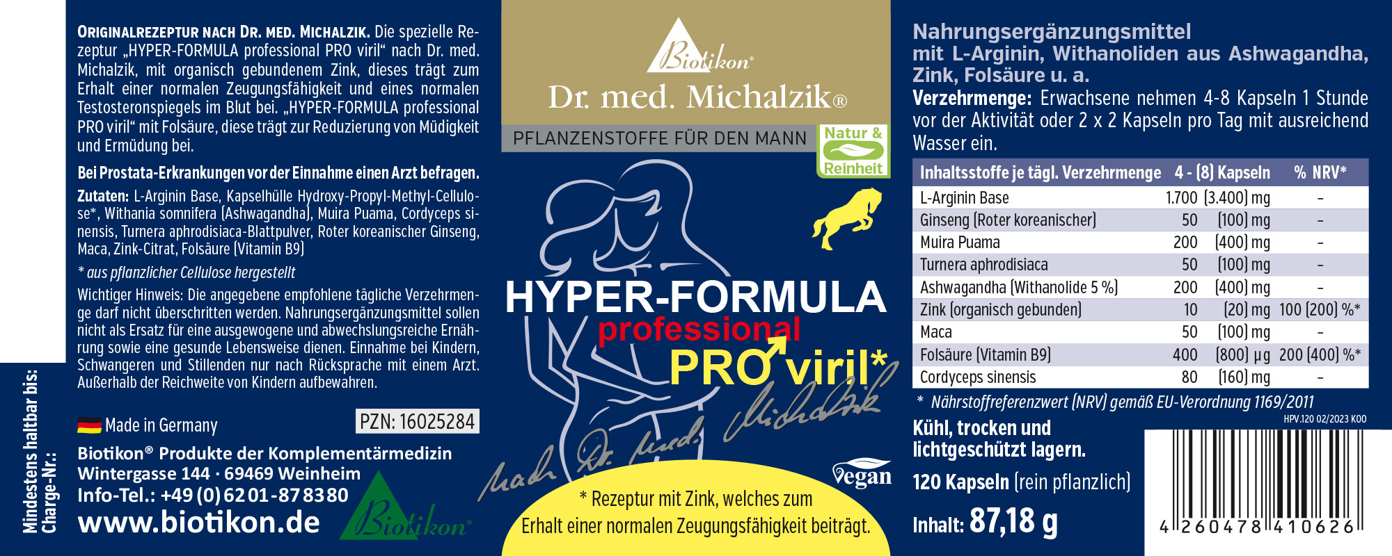 Hyper-Formula PRO viril – 120 Capsule Integratore alimentare in confezione blu, 120 capsule vegetali per uomini, con L-Arginina e Zinco.