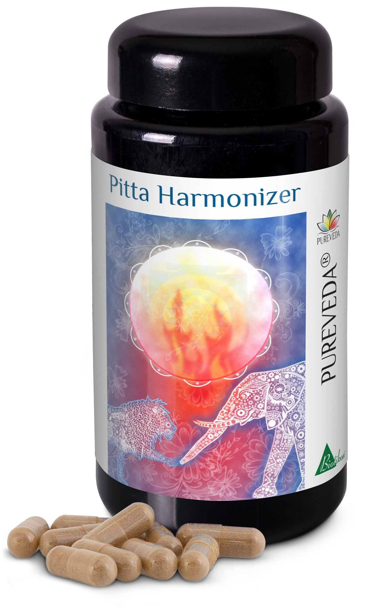 Capsule Harmonizer Pitta - Flacone da 50 Flacone in plastica nera con 50 capsule Harmonizer Pitta, colore marrone.