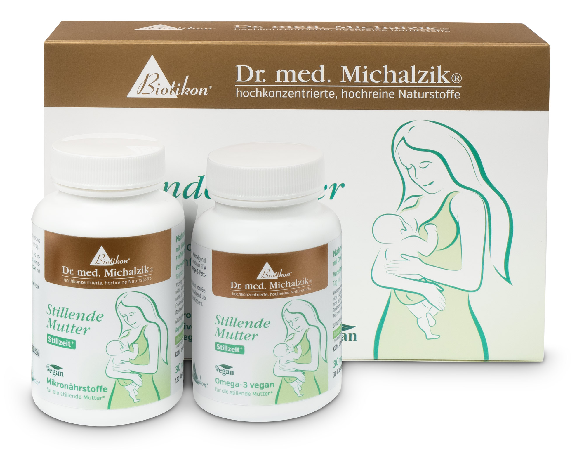 Micronutrienti per Madri Che Allattano – 30 Capsule Due bottiglie di integratori per madri che allattano, 30 capsule per bottiglia, bianche con etichette marroni, imballaggio sullo sfondo.