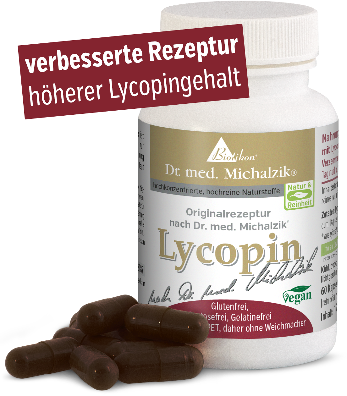 Capsule di Licopene – 60 Pezzi Capsule di licopene in una bottiglia bianca, 60 capsule, marrone scuro, vegano.