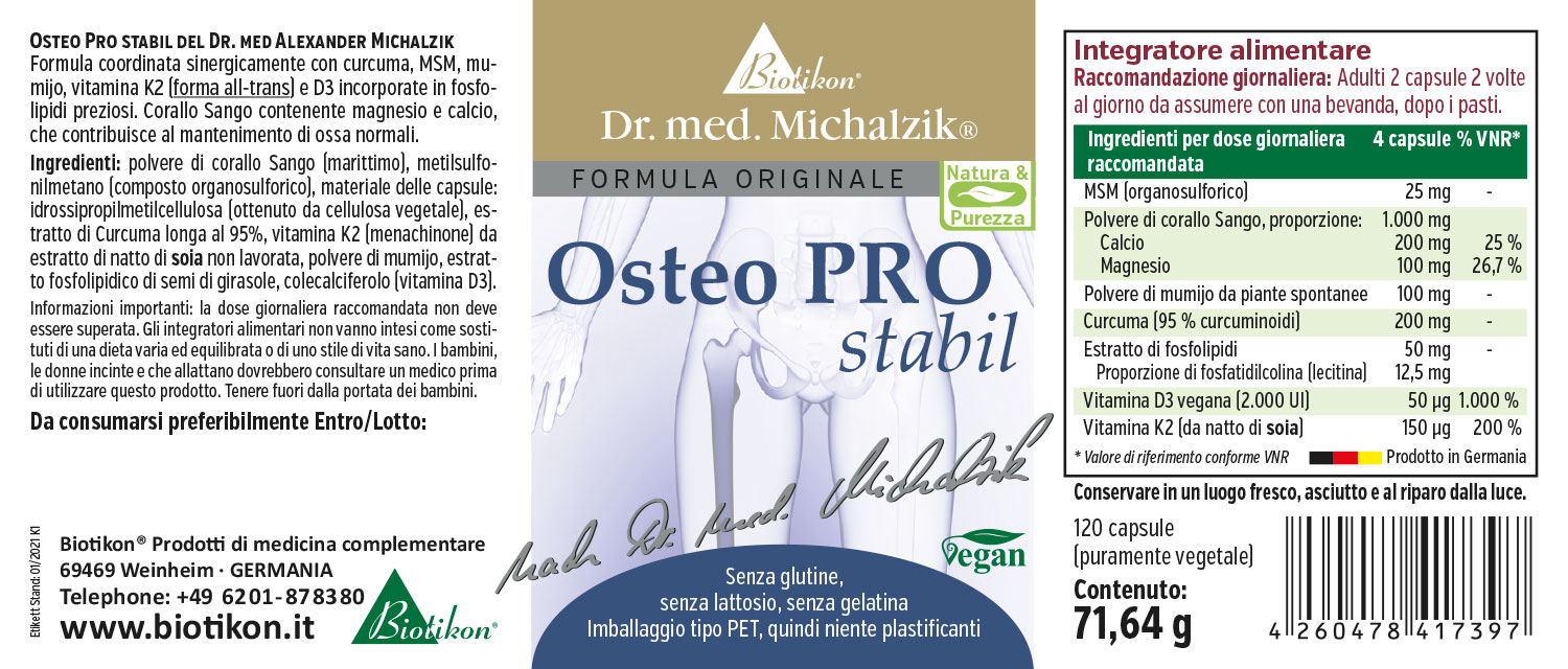 Osteo PRO Stabil – 120 Capsule Osteo PRO Stabil, integratore alimentare in capsule, 120 pezzi, confezionato in un contenitore PET trasparente, vegano.