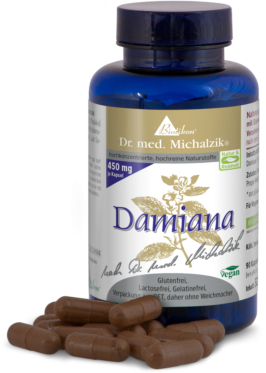 Damiana 450 mg – Capsule Capsule marroni contenenti Damiana, 90 pezzi in bottiglia PET blu, vegane e senza plastificanti.