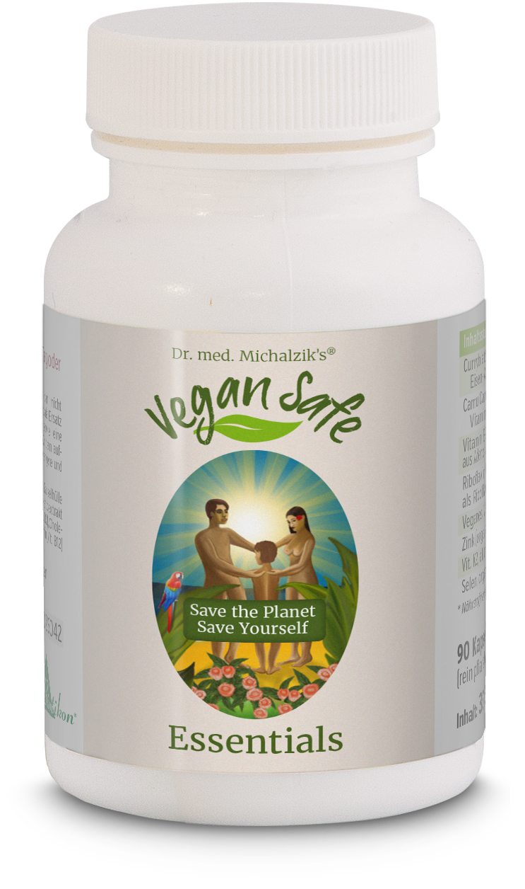 Essenziali Vegani Sicuri – 90 Capsule Essenziali Vegani Sicuri in una bottiglia bianca di capsule con 90 capsule, etichetta colorata e illustrazione di una famiglia.
