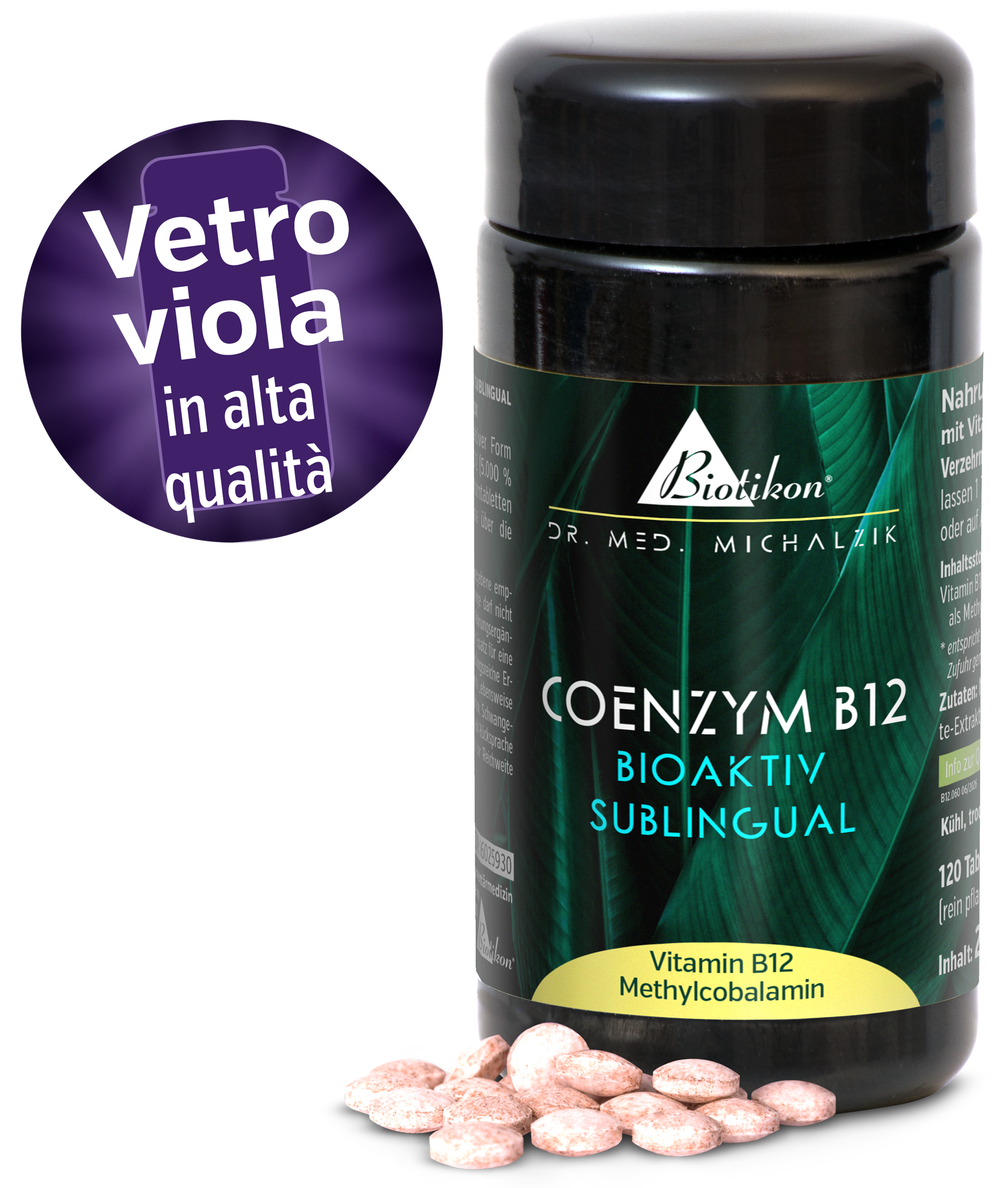 Bottiglia di compresse sublinguali di vitamina B12 rosa, 120 pezzi, su uno sfondo liscio.