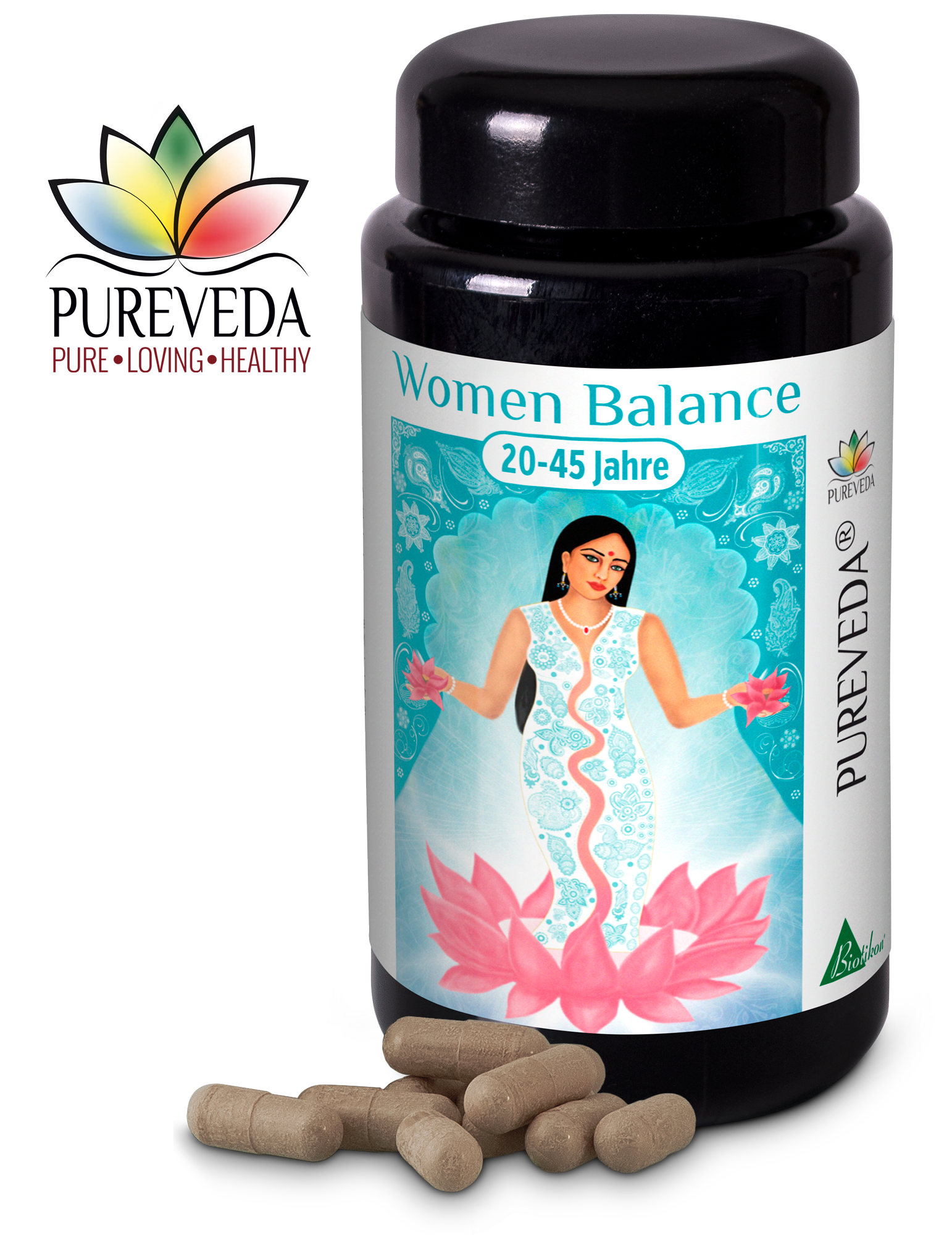 Capsule Equilibrio Donne 20-45 Anni Capsule per donne di età compresa tra 20 e 45 anni in una bottiglia nera, con alcune capsule accanto.