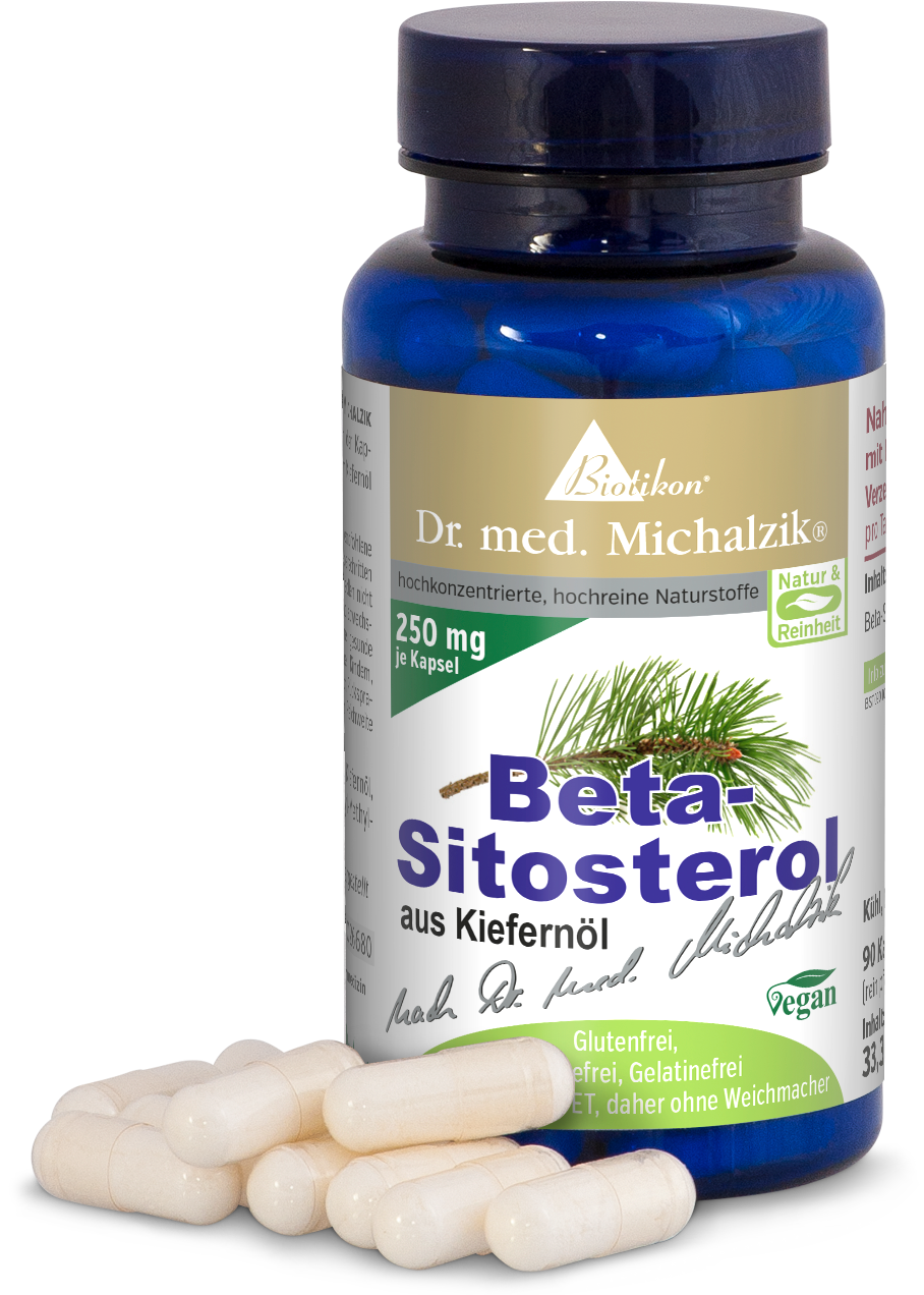 Beta-Sitosterolo 250 mg – Capsule Beta-sitosterolo da olio di pino, 90 capsule in bottiglia blu, focus sulle capsule, vegano, senza glutine.
