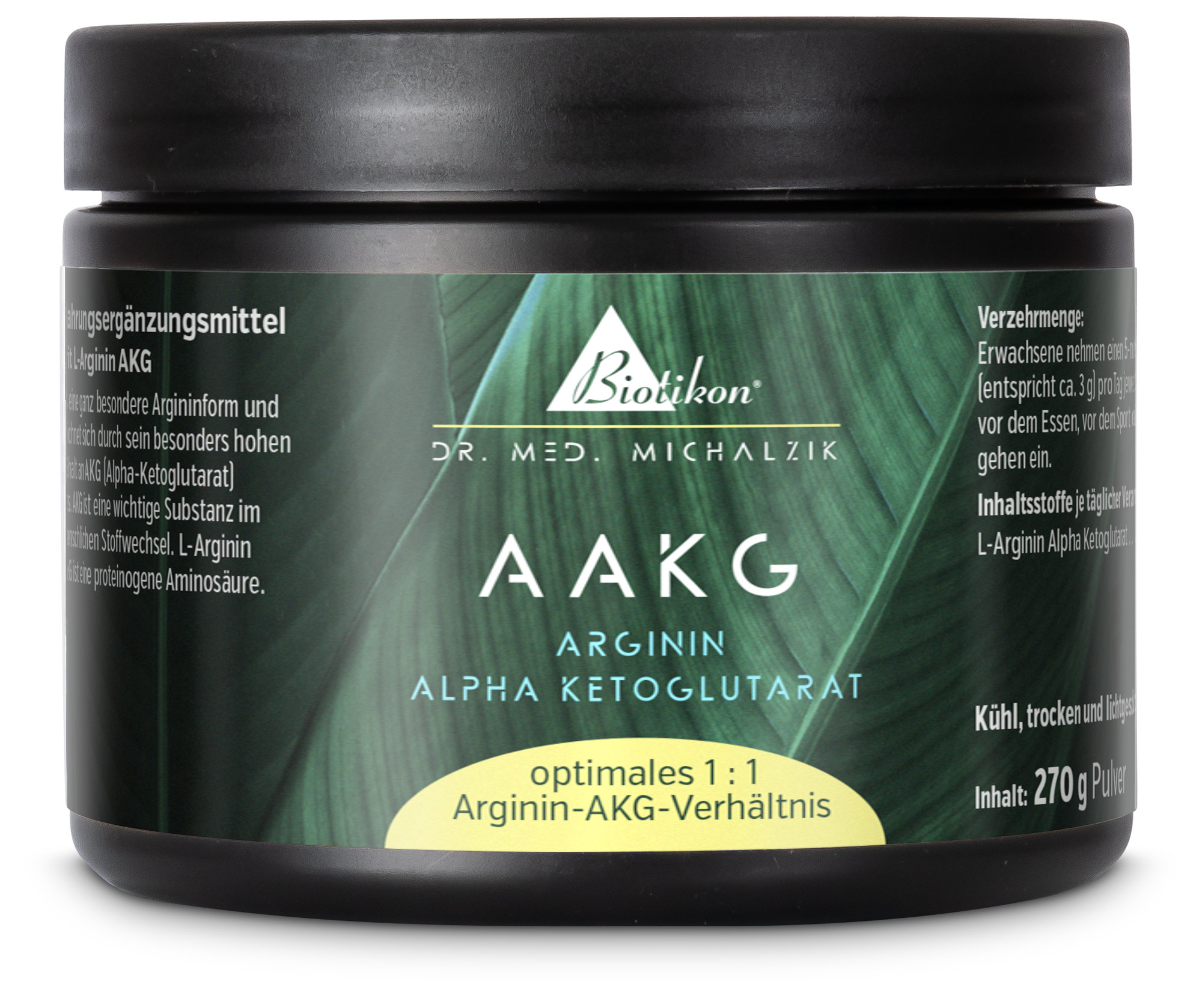 AAKG Arginina alfa chetoglutarato – 270 g in polvere Polvere per AAKG con contenuto di 270 g in una bomboletta nera, facilmente rimovibile, colore verde acceso.
