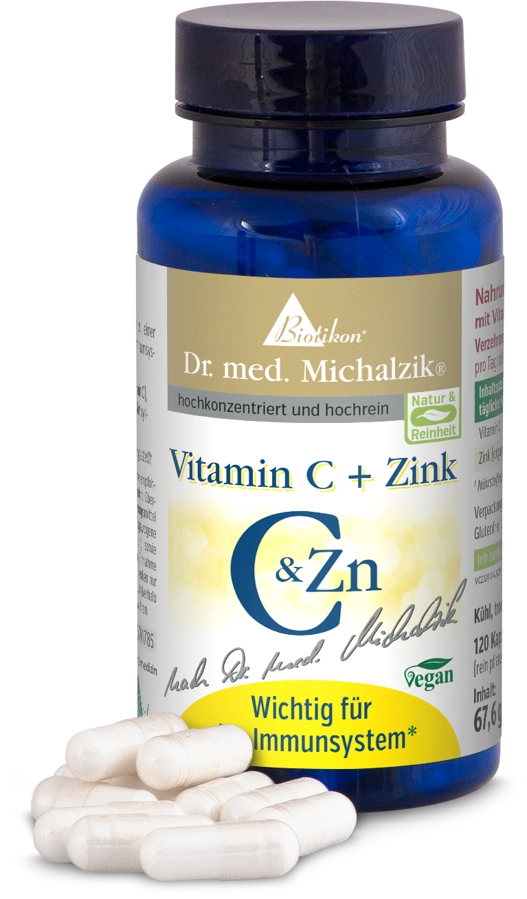 Vitamina C + Zinco – 120 Capsule Bottiglia blu con 120 capsule vegane, contenente vitamina C e zinco, su sfondo bianco.