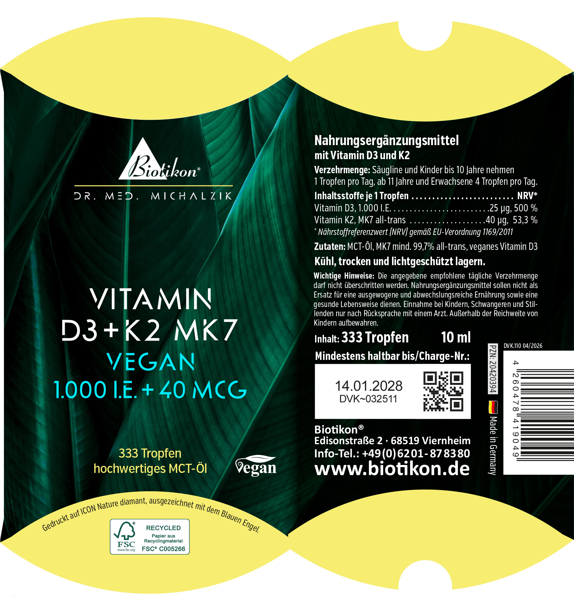 Integratore alimentare con vitamina D3 e K2, 333 gocce, 10 ml, confezione verde, vegano, vista frontale.