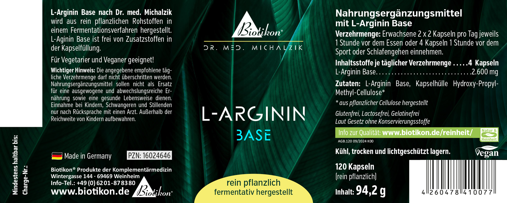 Base di L-Arginina 2.600 mg – 120 Capsule Integratore alimentare base di L-arginina, 120 capsule in confezione scura, vegano e vegetale.