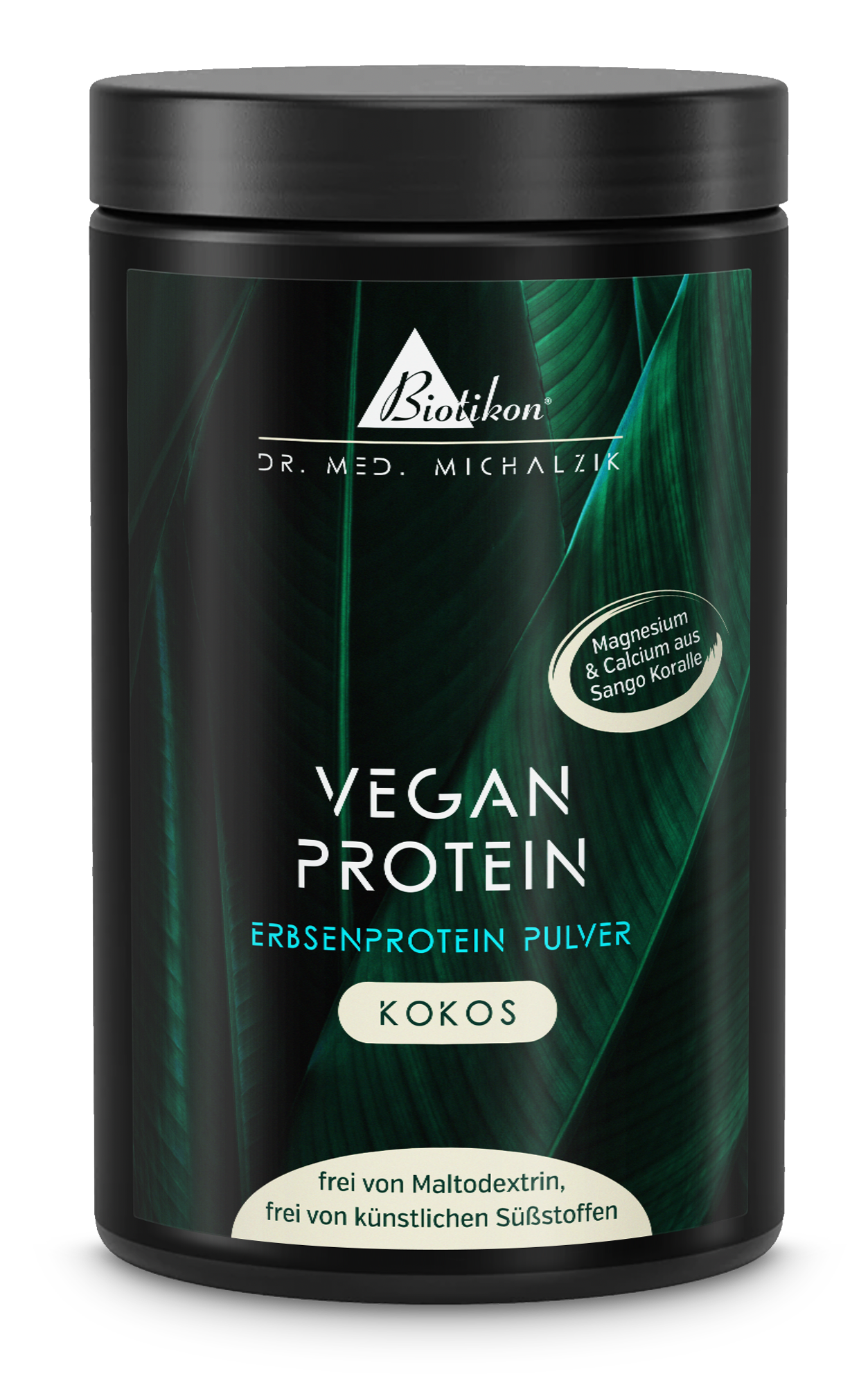 Contenitore bianco di polvere di proteine vegetali al cocco, 500 g, vista chiara, confezione neutra.