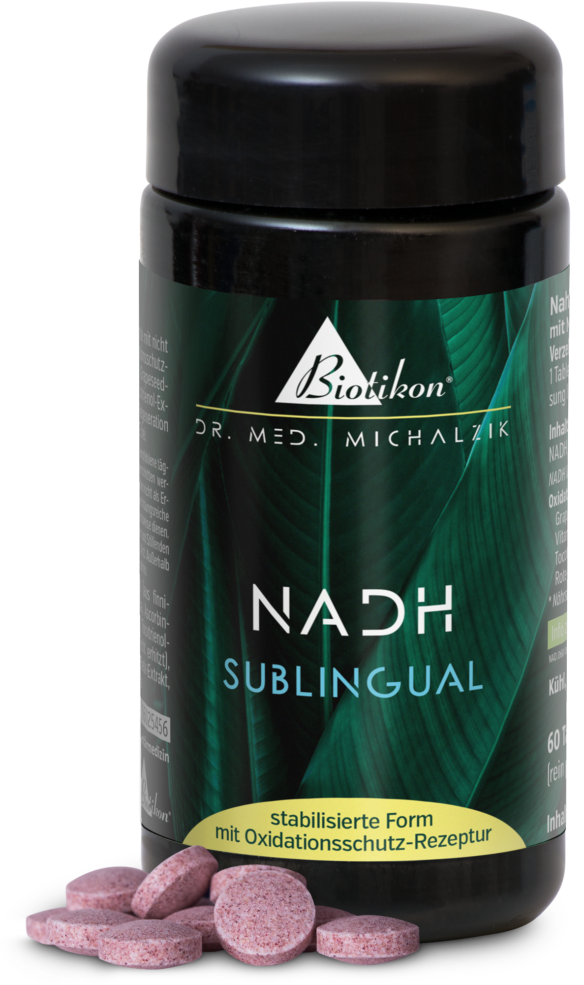 NADH Sublinguale – 60 Compresse Compresse sublinguale NADH in una bottiglia nera, contiene 60 compresse rosa, vegane e senza glutine, su uno sfondo bianco.