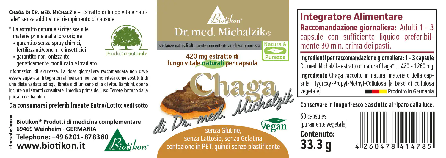 Chaga 420 mg – Capsule Estratto di Chaga in capsule, 420 mg per capsula, confezione vegana, 60 capsule in contenitore PET.