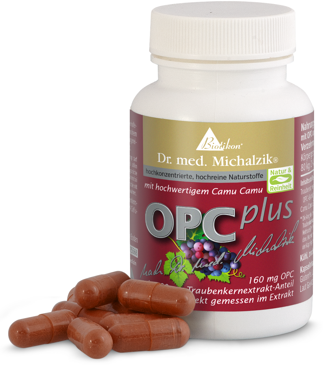 Capsule OPC Plus 160 mg - Integratore Alimentare Contenitore di plastica bianca con etichetta rossa, riempito di capsule, 160 mg di OPC, diverse capsule nelle vicinanze.