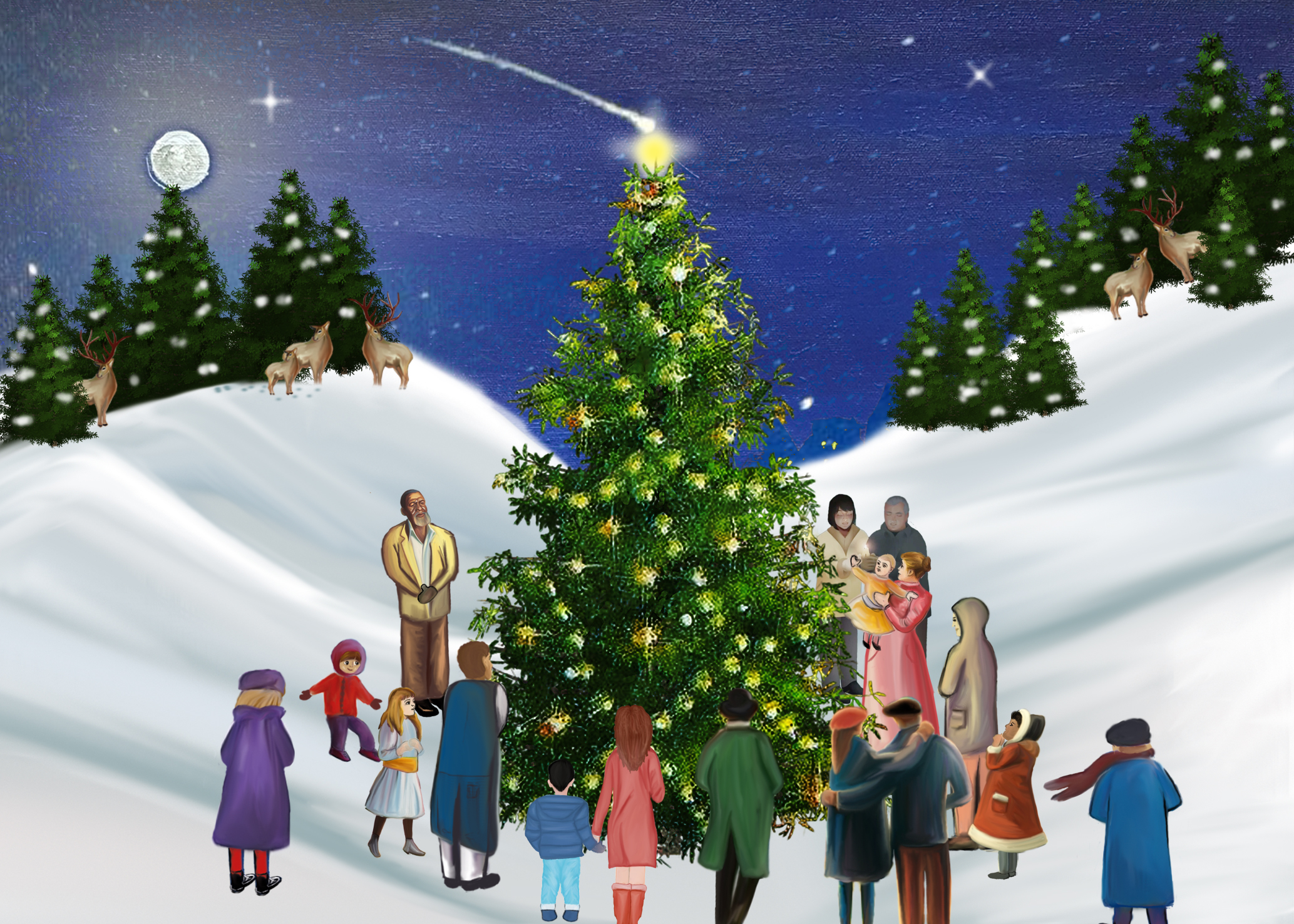 Decorazione dell'Albero di Natale - Festa Familiare Albero di Natale decorato in modo festoso in un paesaggio innevato, circondato da persone, animali e abeti.