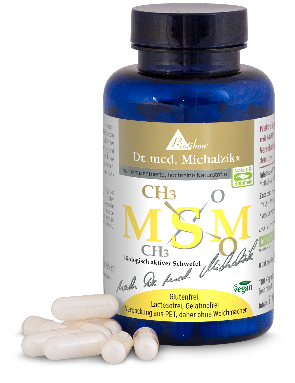 MSM 100 Capsule – Zolfo Biologicamente Attivo Bottiglia blu scuro con 100 capsule, vegano, senza glutine, confezione accattivante, su sfondo chiaro.