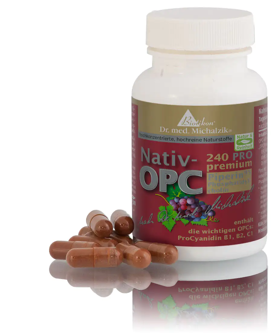 Nativ-OPC 240 PRO – Capsule Capsule marroni in una bottiglia bianca, 240 pezzi, con ingredienti vegetali, vista delle capsule e dell'imballaggio.