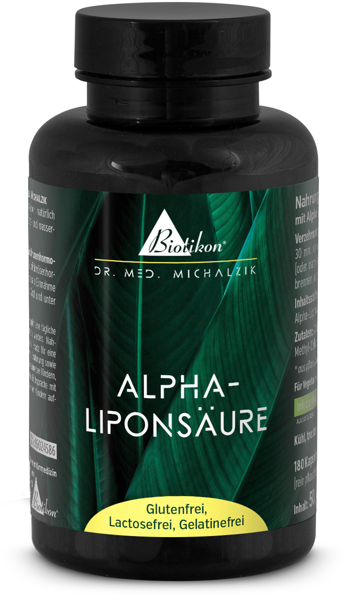 Acido Alfa Lipoico 180 Capsule - Integratore Alimentare Bottiglia blu con 180 capsule gialle, vegana, senza glutine, vista laterale.
