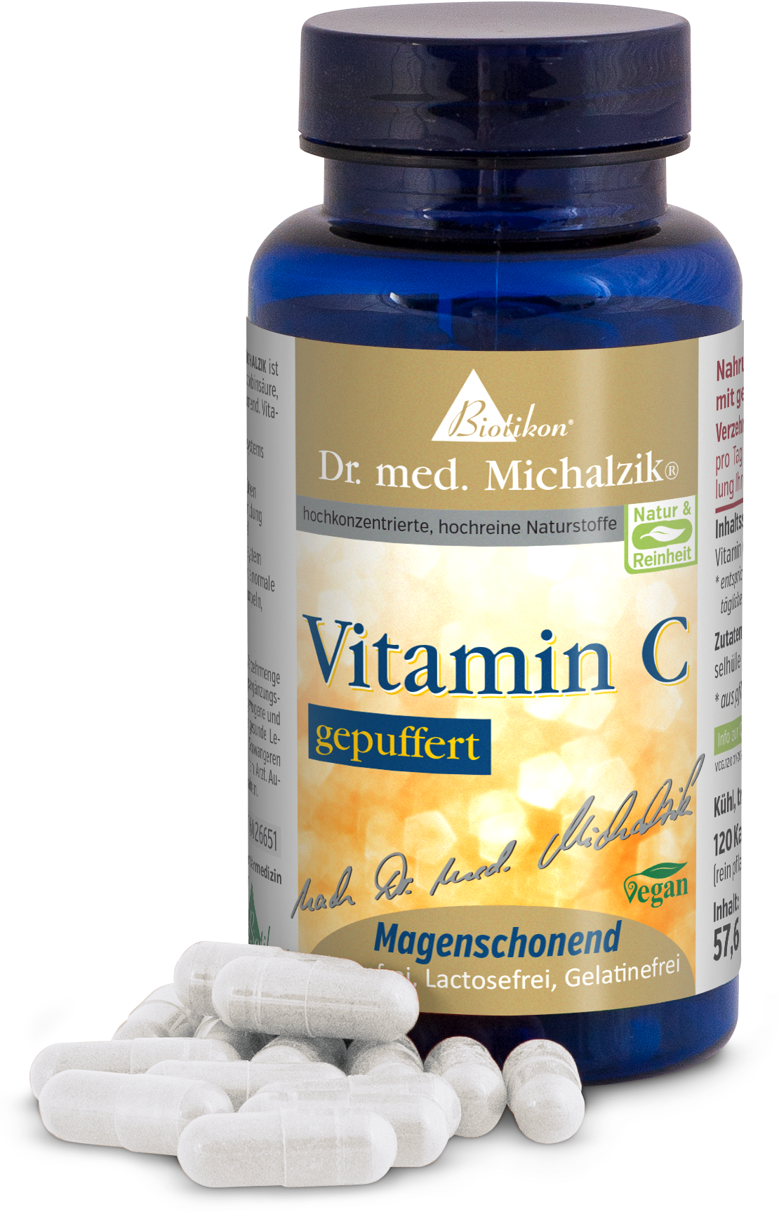 Vitamina C tamponata – 120 capsule Bottiglia blu con 120 capsule di vitamina C tamponata, trasparente, vegana e delicata per lo stomaco.