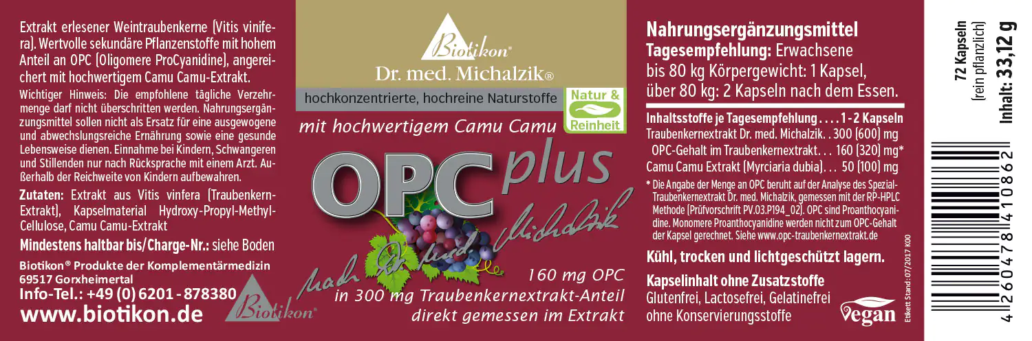 OPC Plus 160 mg - Capsule Integratore alimentare OPC Plus, 72 capsule in una confezione, tonalità viola, vista frontale.