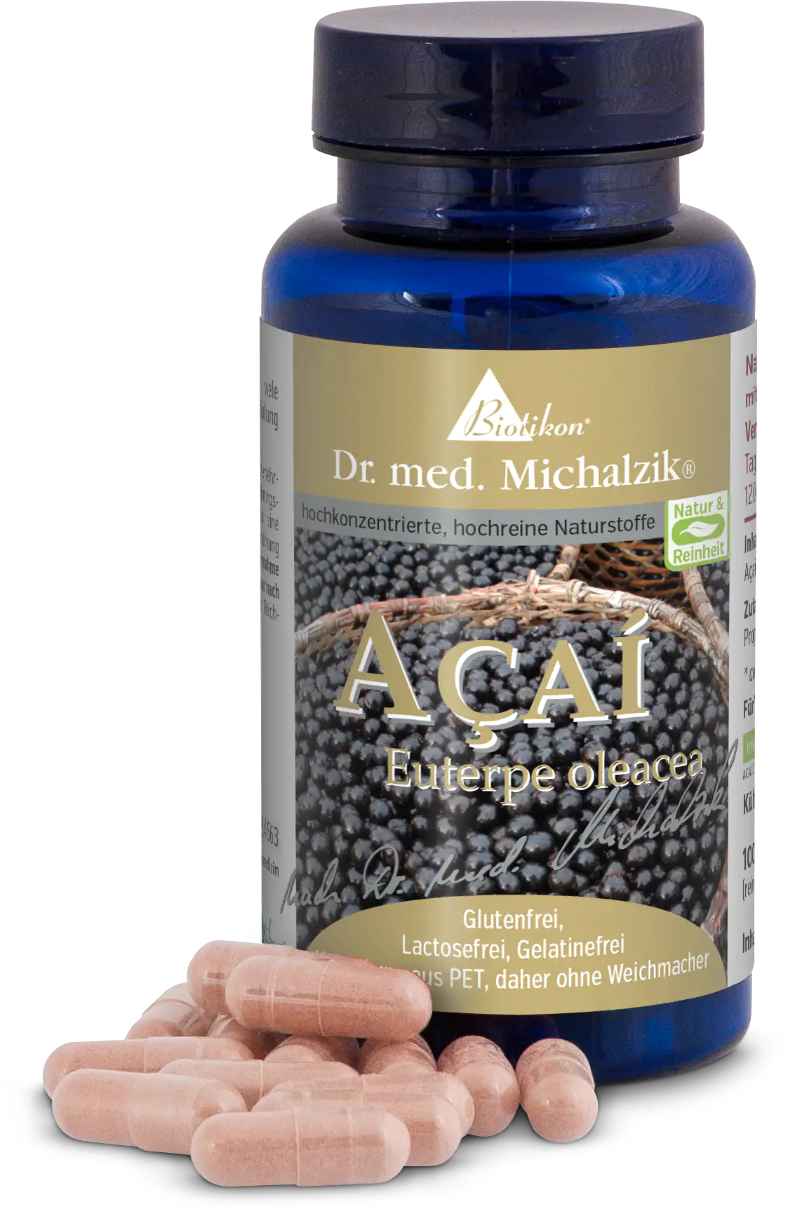 Açaí 1000 mg – Capsule Bottiglia blu con 120 capsule di Açaí, riempita di capsule rosa, in PET.