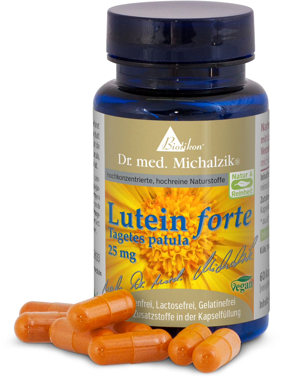 Luteina Forte 25 mg – Capsule Vegane Capsule arancioni in una bottiglia blu, 60 pezzi, vegana. Imballaggio con un fiore giallo.