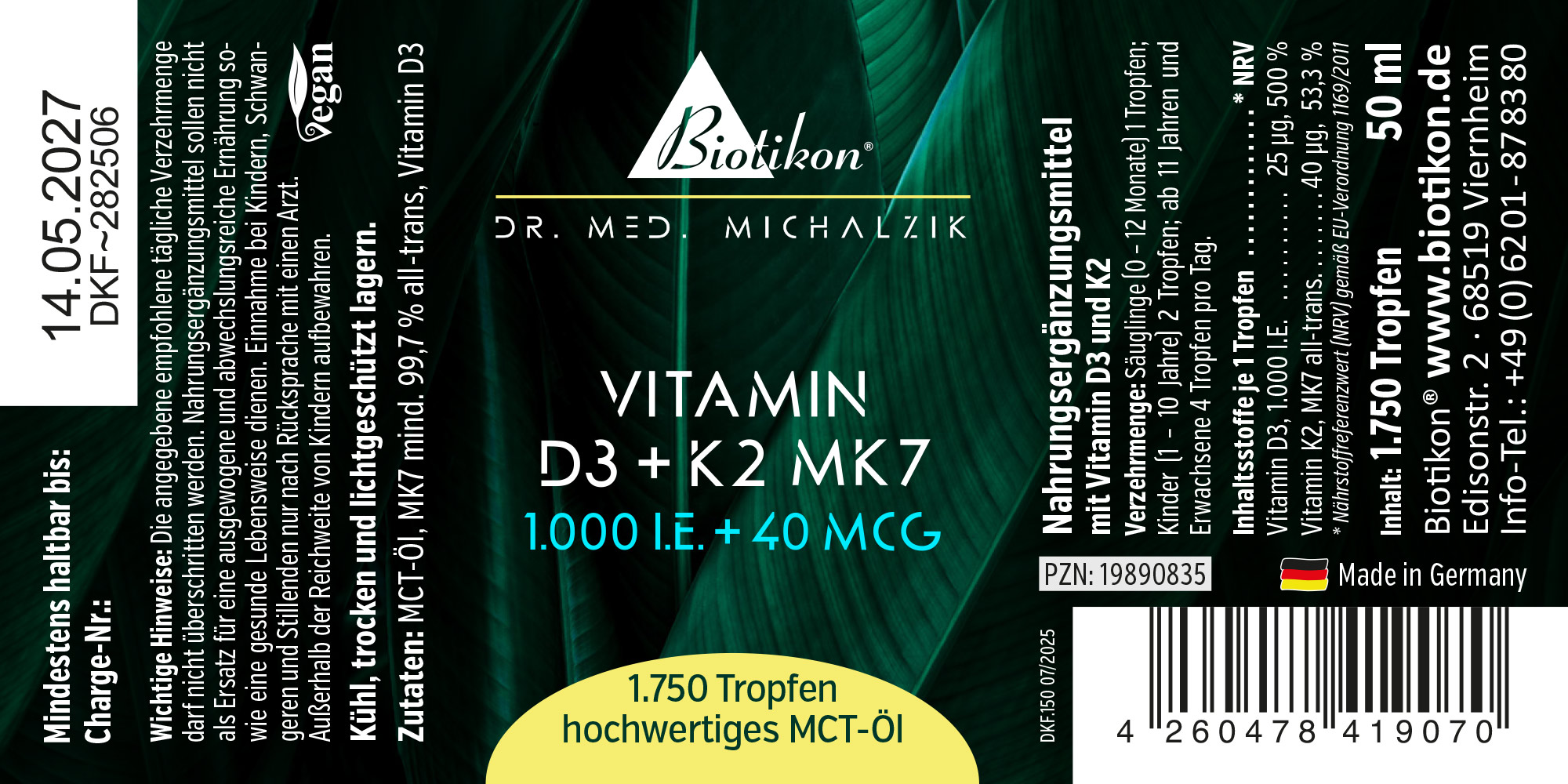 Vitamin D3 + K2 MK7 1000 I.E. – Gocce Gocce di vitamina D3 e K2 MK7, contiene 1.750 gocce in olio MCT di alta qualità, confezione verde, 50 ml
