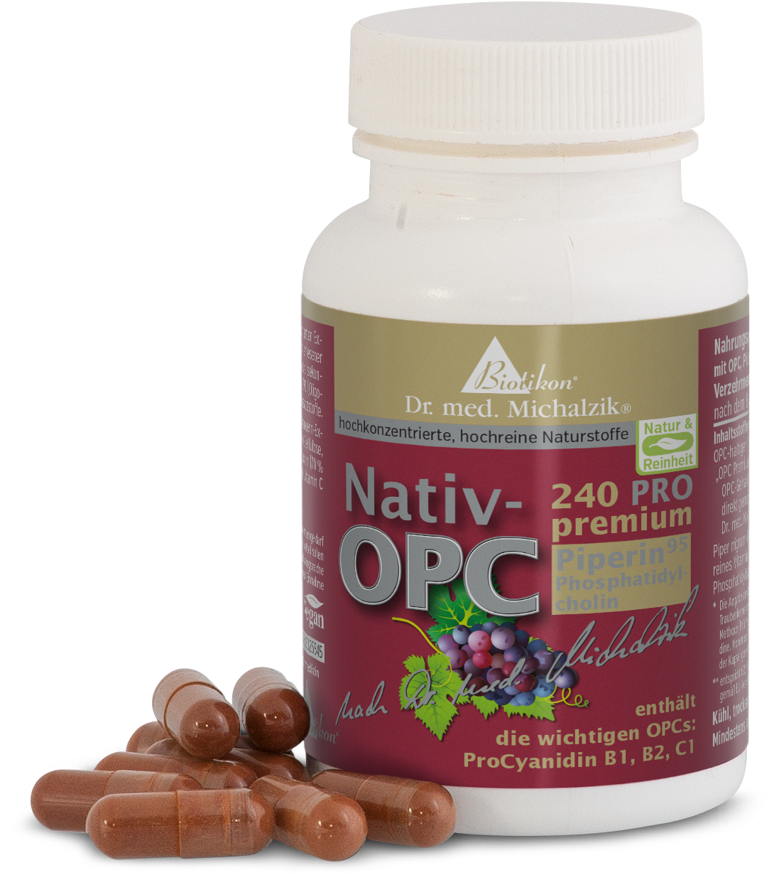 Nativ-OPC 240 – Capsule Bottiglia di capsule Nativ-OPC, capsule marroni, 240 pezzi, etichettata su sfondo rosso.