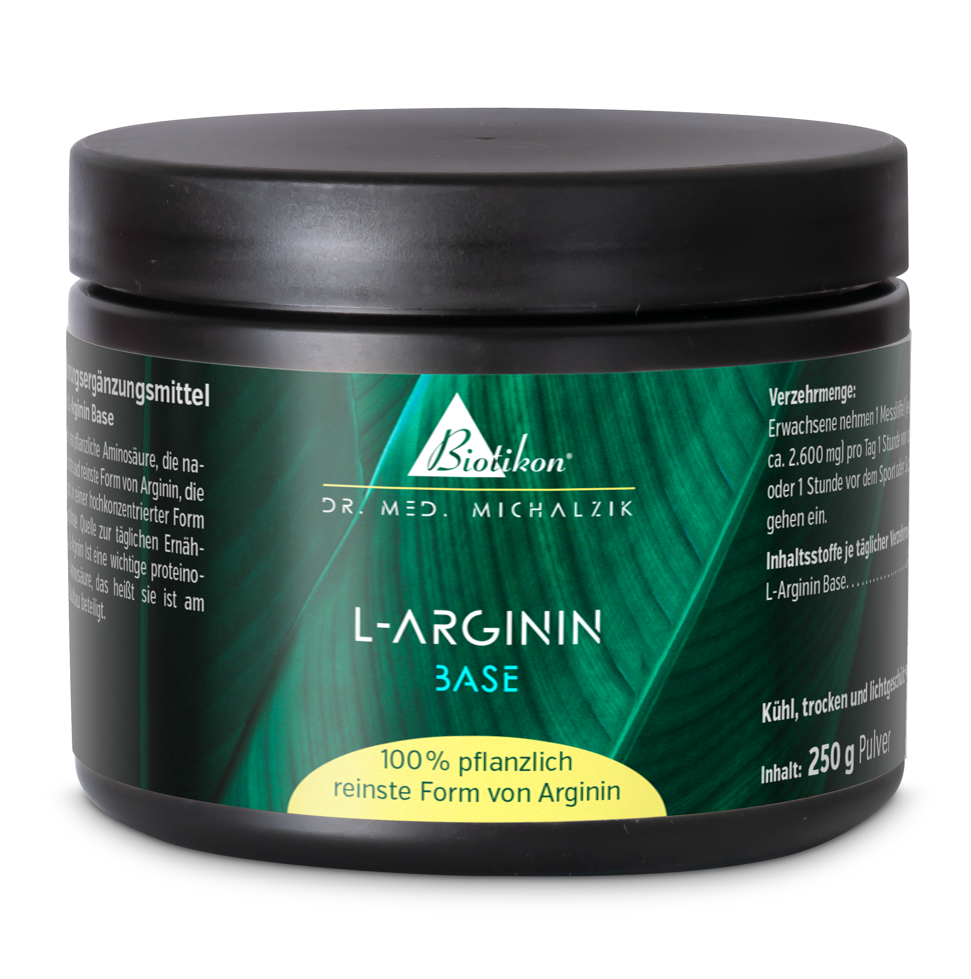 Base di L-Arginina 250 g - Polvere Integratore alimentare L-Arginina, polvere da 250 g in contenitore nero, vista frontale.