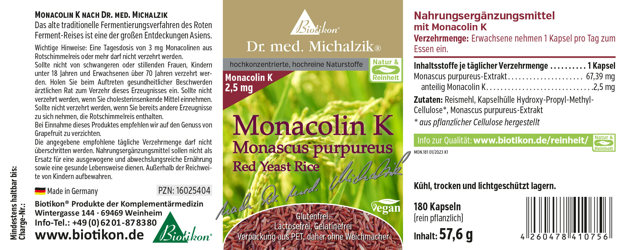 Capsule di Monacolina K - 180 pezzi 180 capsule di Monacolina K con riso rosso, confezione in PET verde-violetto.
