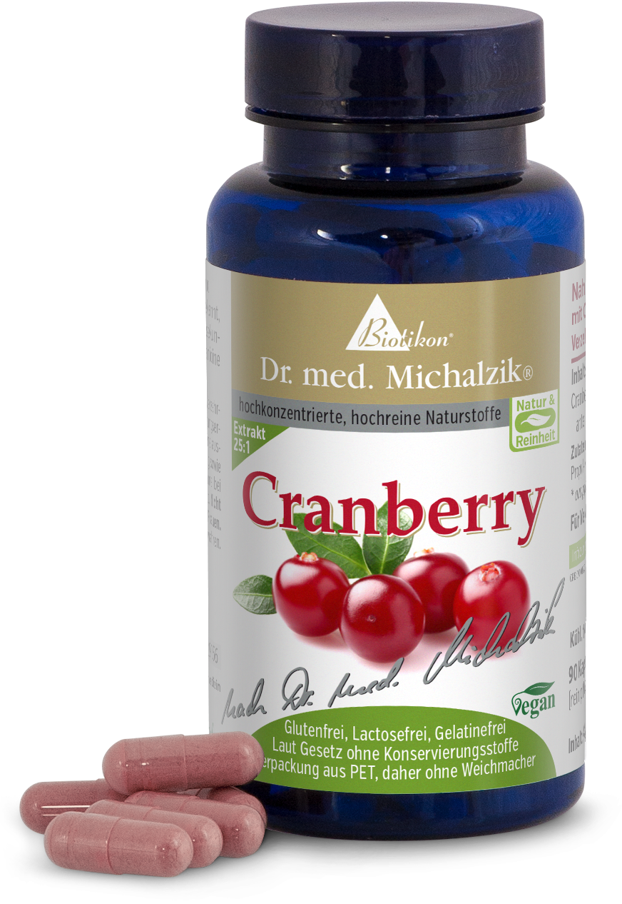 Cranberry 1000 mg – Capsule Capsule di mirtillo rosso in una bottiglia blu, 120 pezzi, con capsule rosa in primo piano.