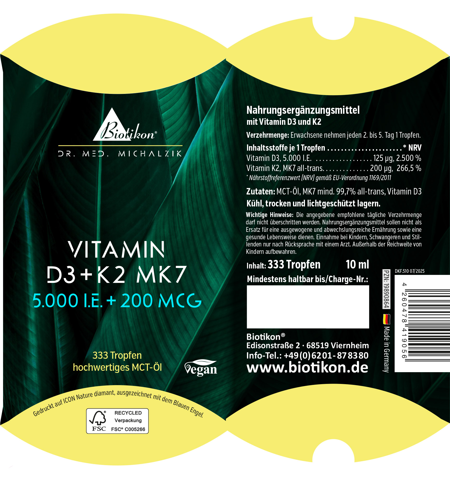 Vitamina D3 + K2 MK7 5000 UI – 333 Gocce Integratore alimentare con vitamina D3 e K2 in forma liquida, 10 ml, confezione verde.