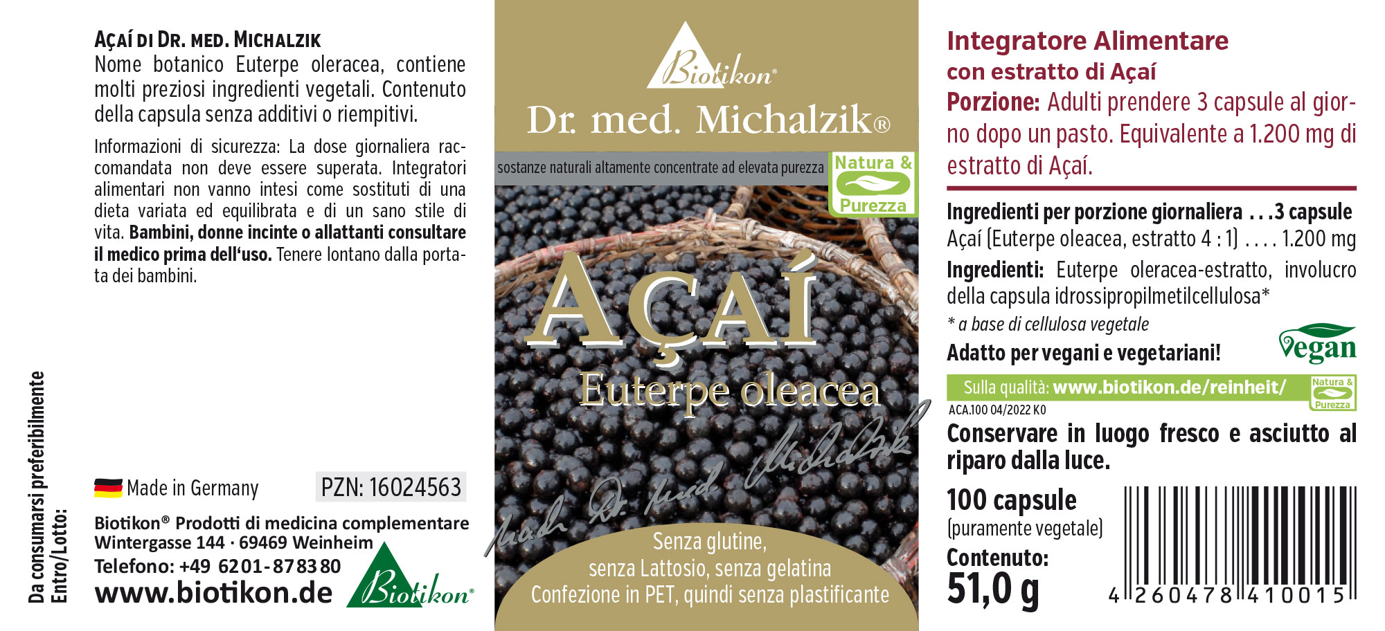 Açaí 1200 mg - Capsule Capsule di Açaí, 100 pezzi, confezione PET, colore nero, vista della confezione.