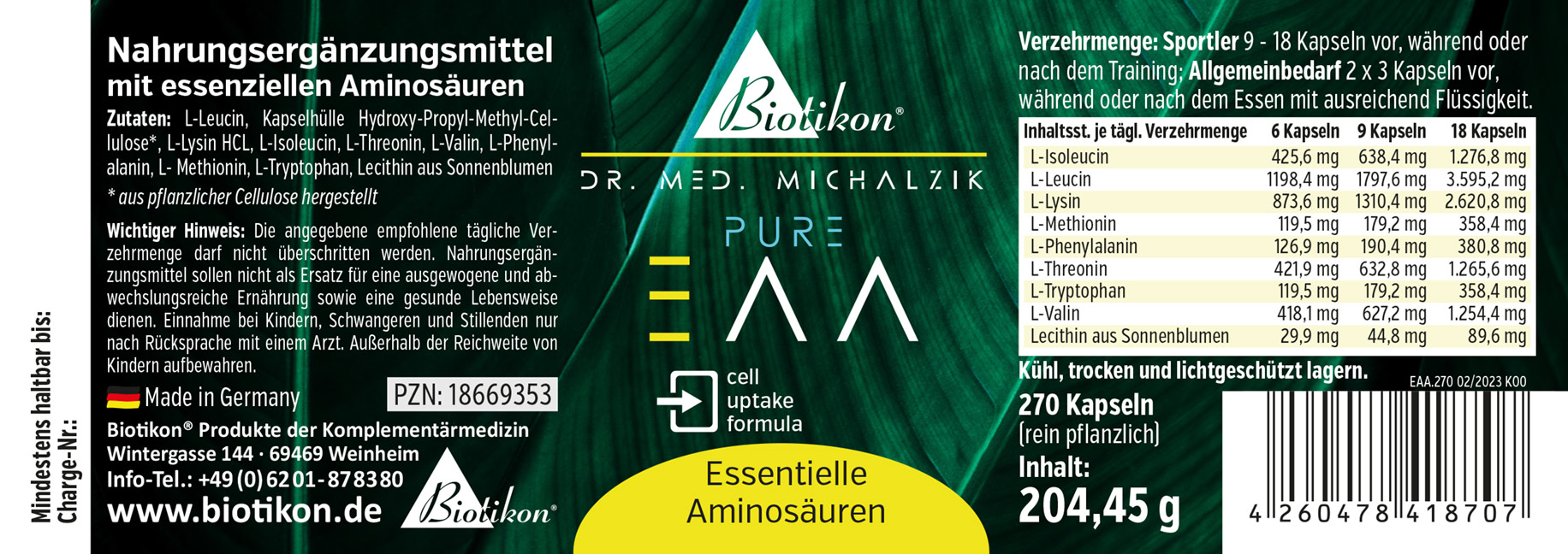 Aminoacidi Essenziali 270 Capsule Confezione con 270 capsule vegetali per aminoacidi essenziali, verde, vista frontale.