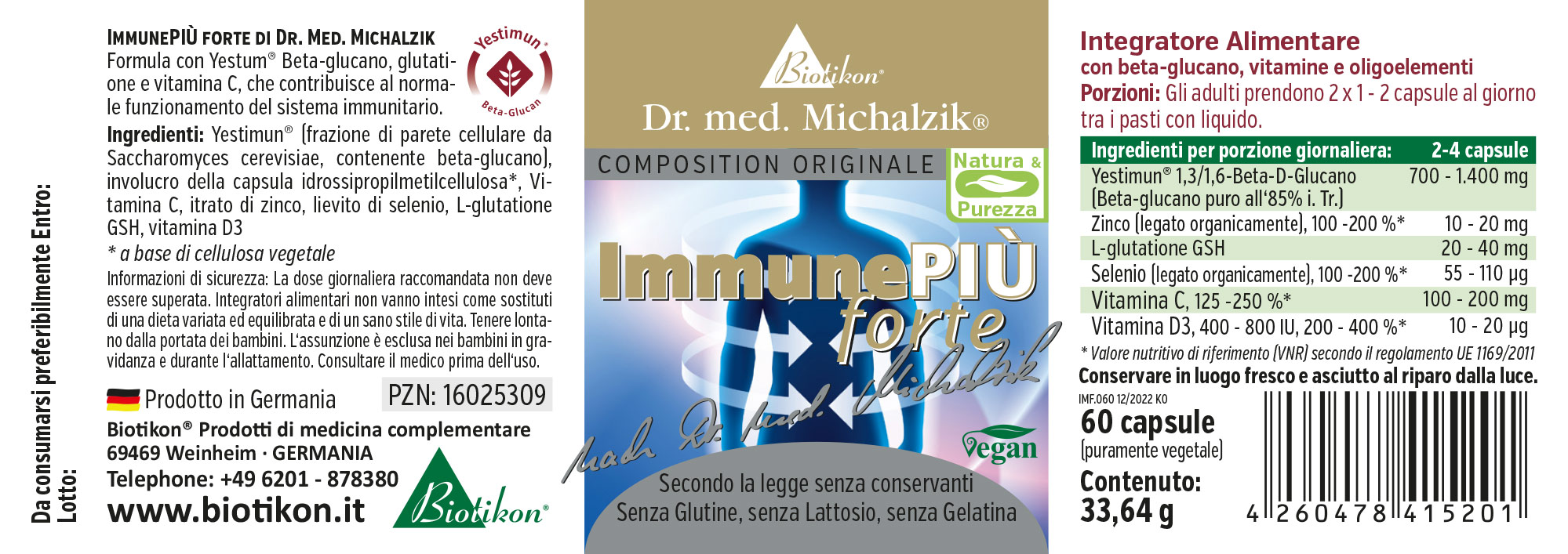ImmunePIÙ Forte – 60 Capsule Integratore alimentare in forma di capsule, 60 capsule vegane, confezione verde e blu, vista frontale.