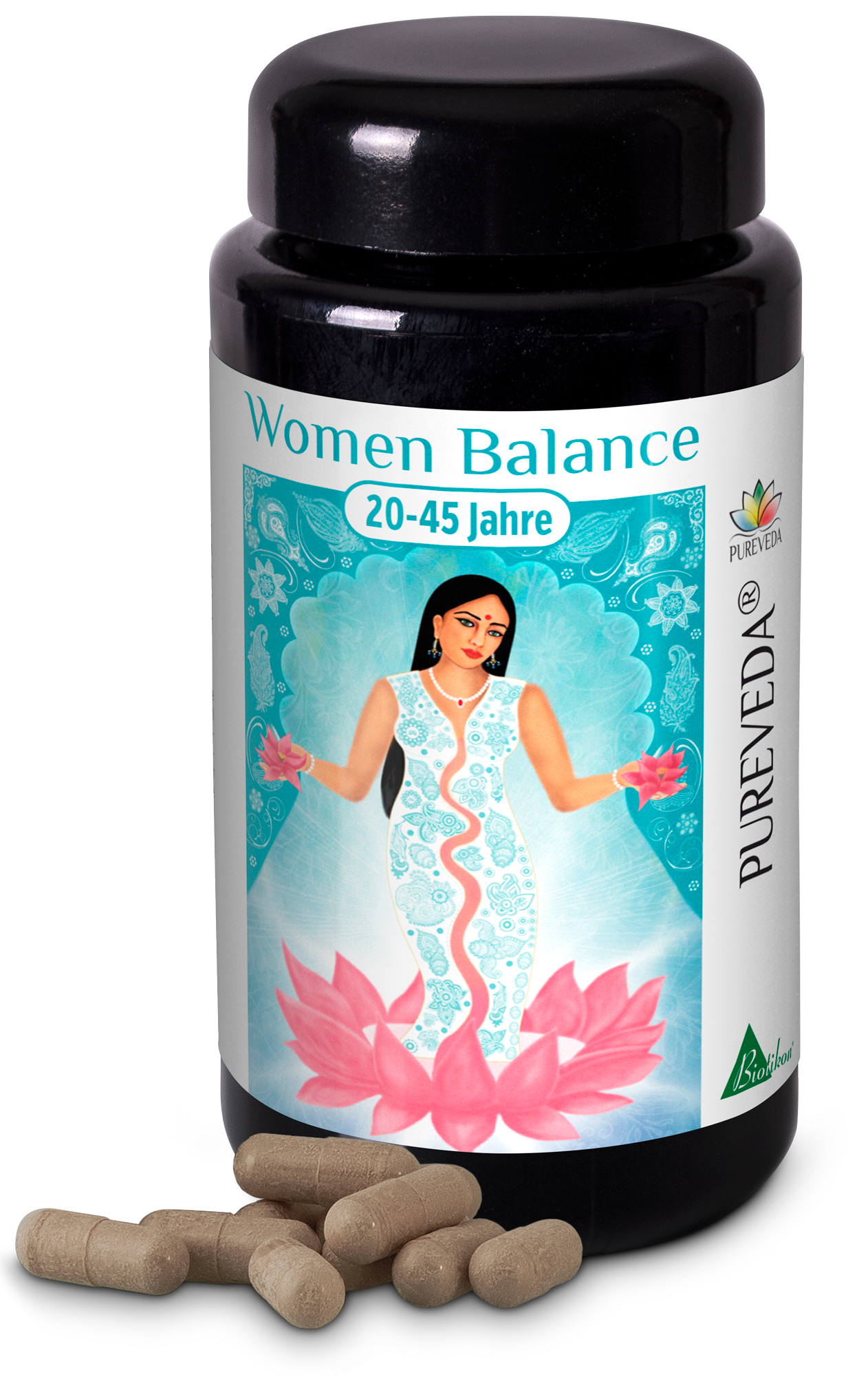 Capsule Equilibrio Donne 20-45 Anni Bottiglia nera con capsule, Equilibrio Donne per 20-45 anni, immagine colorata di una donna con design floreale.