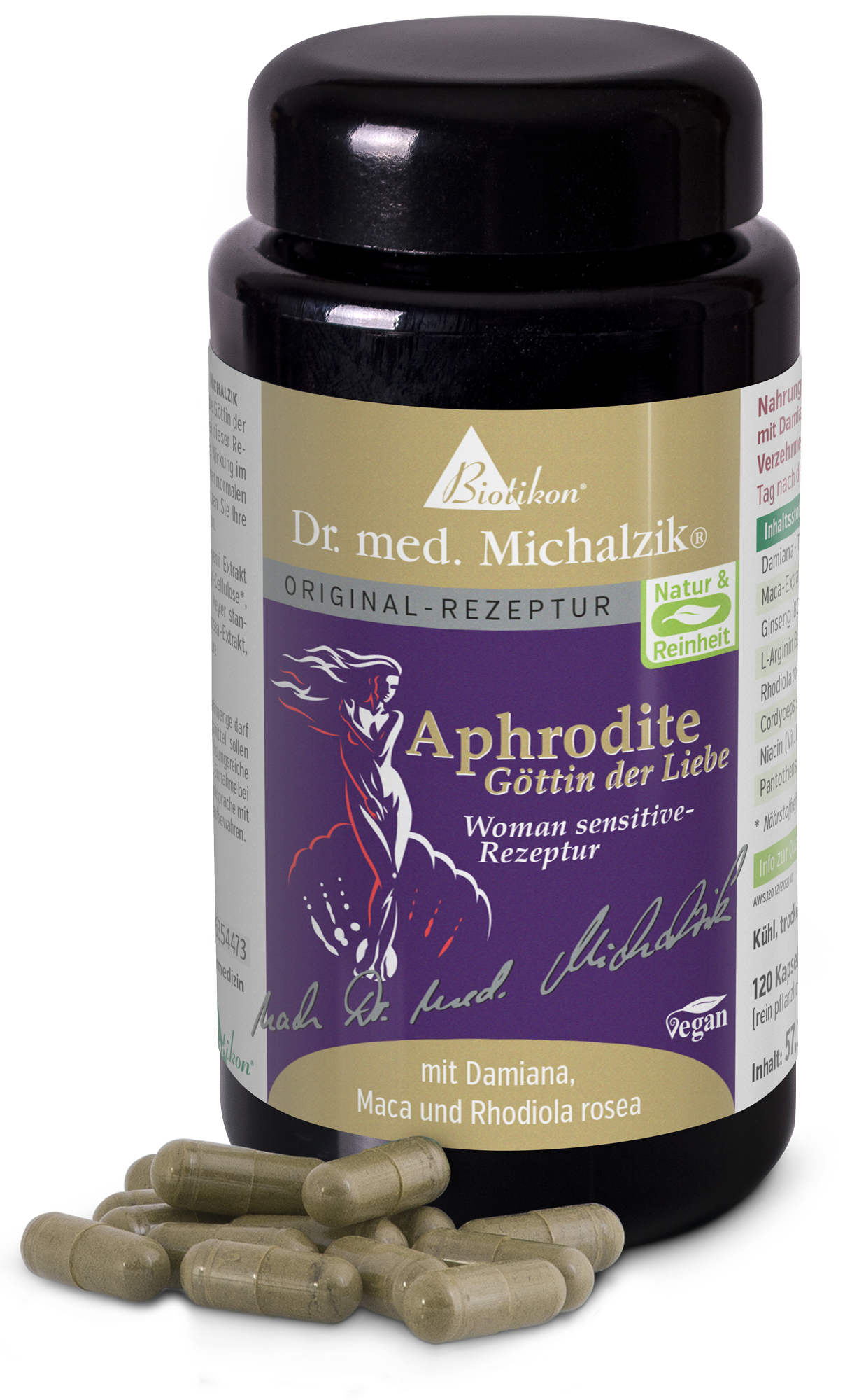 Aphrodite 120 Capsule - con Damiana, Maca Bottiglia nera con 120 capsule vegane, etichetta colorata, dettagli del prodotto visibili.
