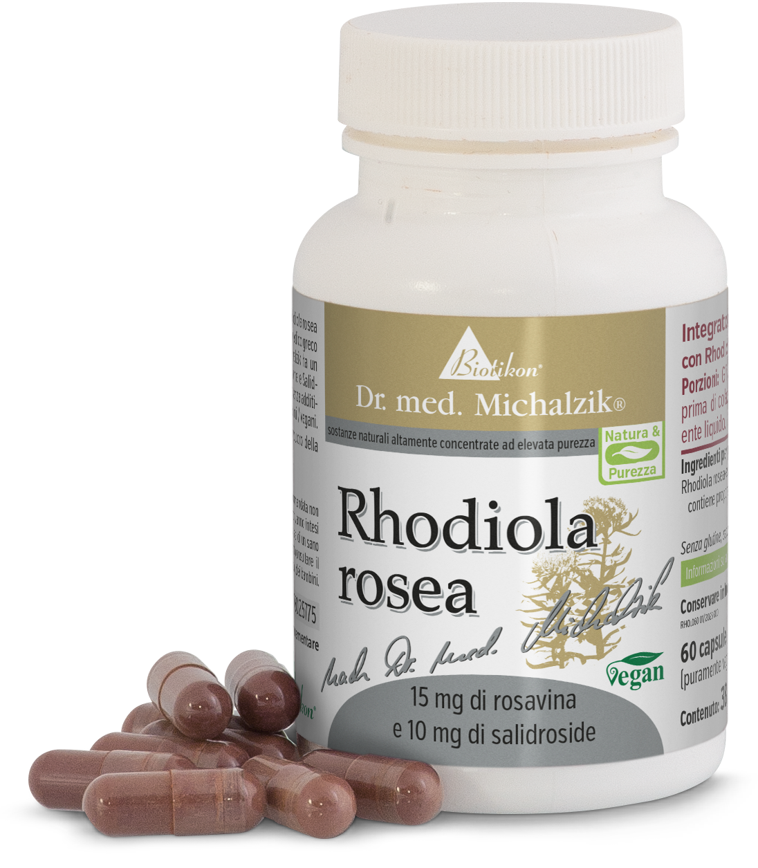 Rhodiola Rosea 60 Capsule – 15 mg Rosavin Capsule di rhodiola rosea in una bottiglia bianca, 60 pezzi, con capsule marroni in primo piano.