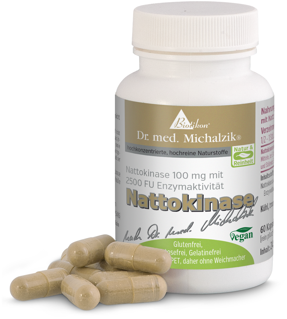 Nattokinase 100 mg – 60 Capsule Capsule di nattokinase, 100 mg, in bottiglia trasparente, capsule beige dorato, confezione da 60.