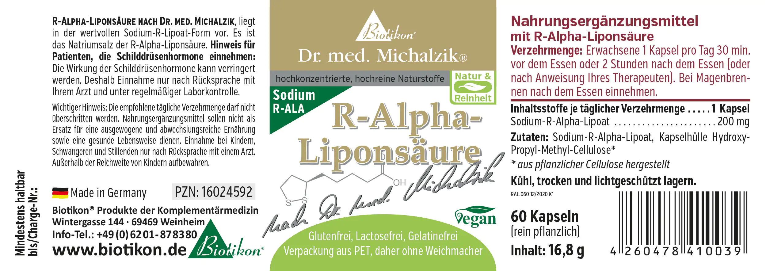 Acido Alpha-Lipoico R 200 mg – Capsule Integratore alimentare Acido Alpha-Lipoico R in capsule, 60 pezzi, confezione in PET, verde/bianco