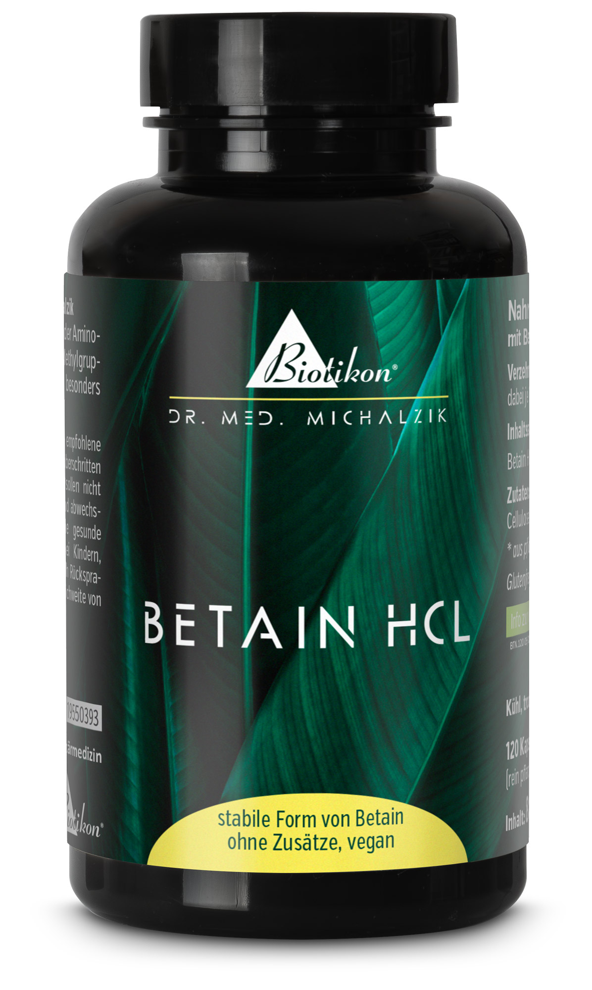 Betaina HCL 120 Capsule – Senza Additivi Flacone di capsule nere con 120 capsule, forma stabile di betaina, vegano, motivo di foglie verdi sull'etichetta.