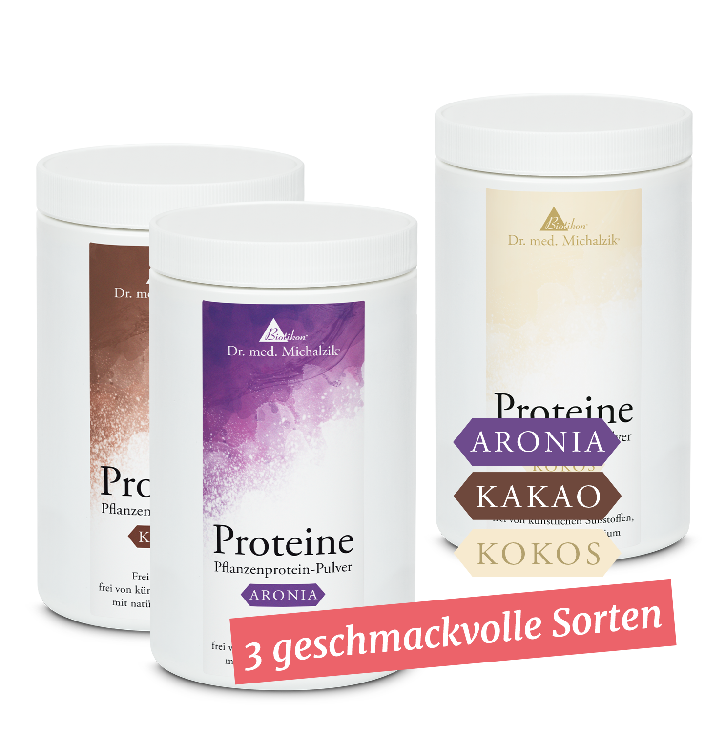 Polvere di Proteine Vegetali – 3 Varietà Tre contenitori di polvere di proteine vegetali in Aronia, Cacao e Cocco, vari colori, vista frontale.