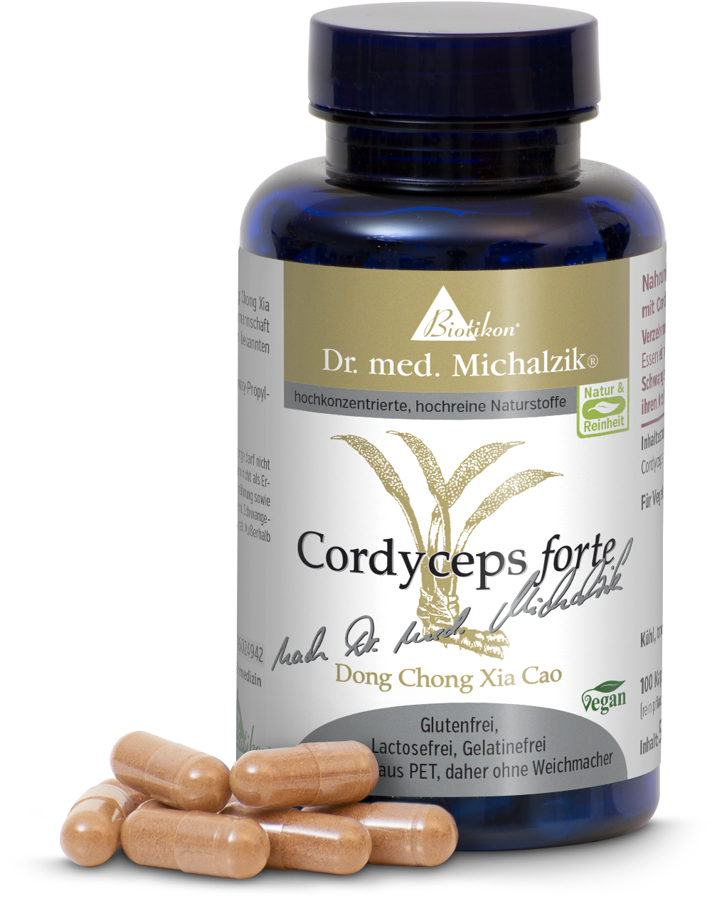 Cordyceps Forte – 100 Capsule Bottiglia PET trasparente con 100 capsule marroni vegane su uno sfondo bianco.