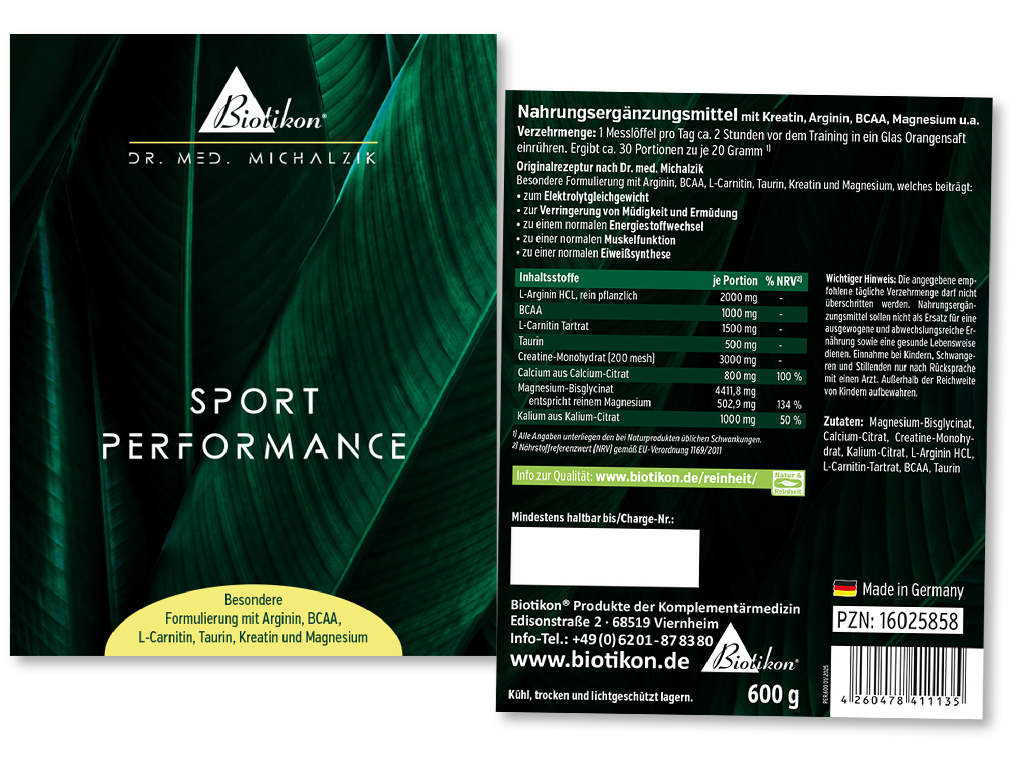 Integratore Sportivo – Polvere da 600 g Integratore in polvere da 600 g in confezione con design verde per il supporto sportivo.