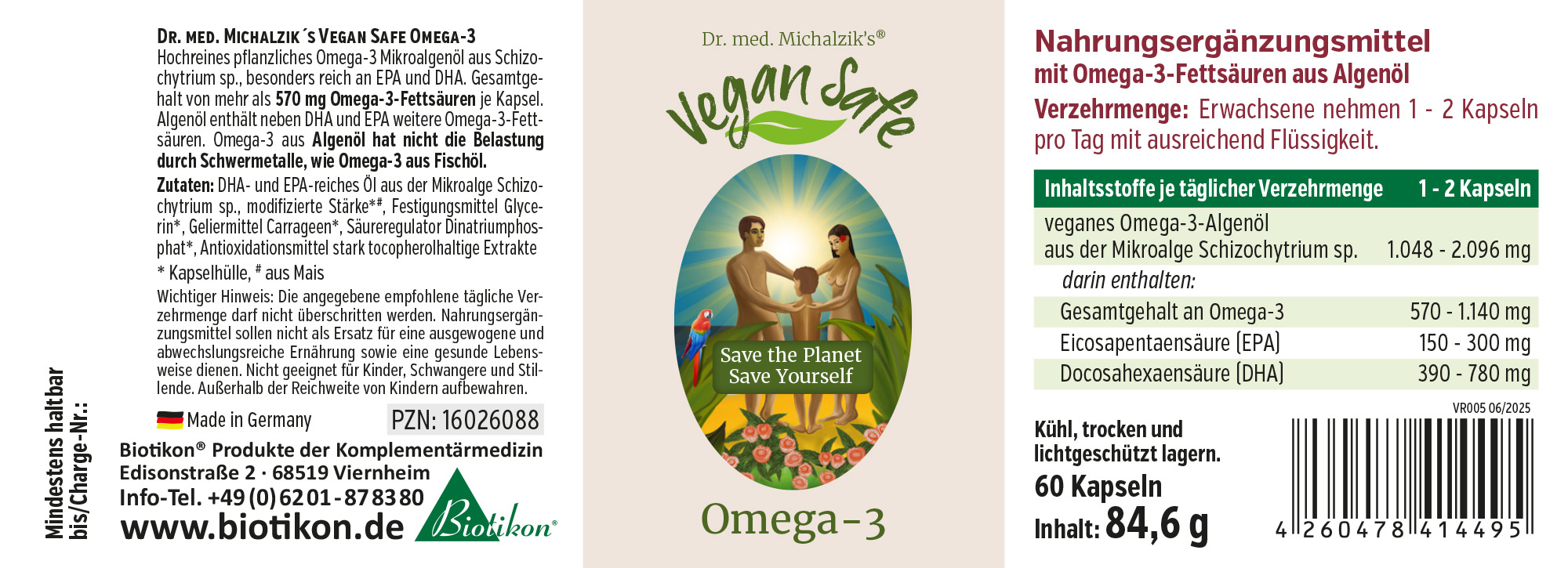 Olio di Alga Omega-3 – 60 Capsule Olio di alga Omega-3 vegano in un pacchetto verde, vista laterale di 60 capsule.