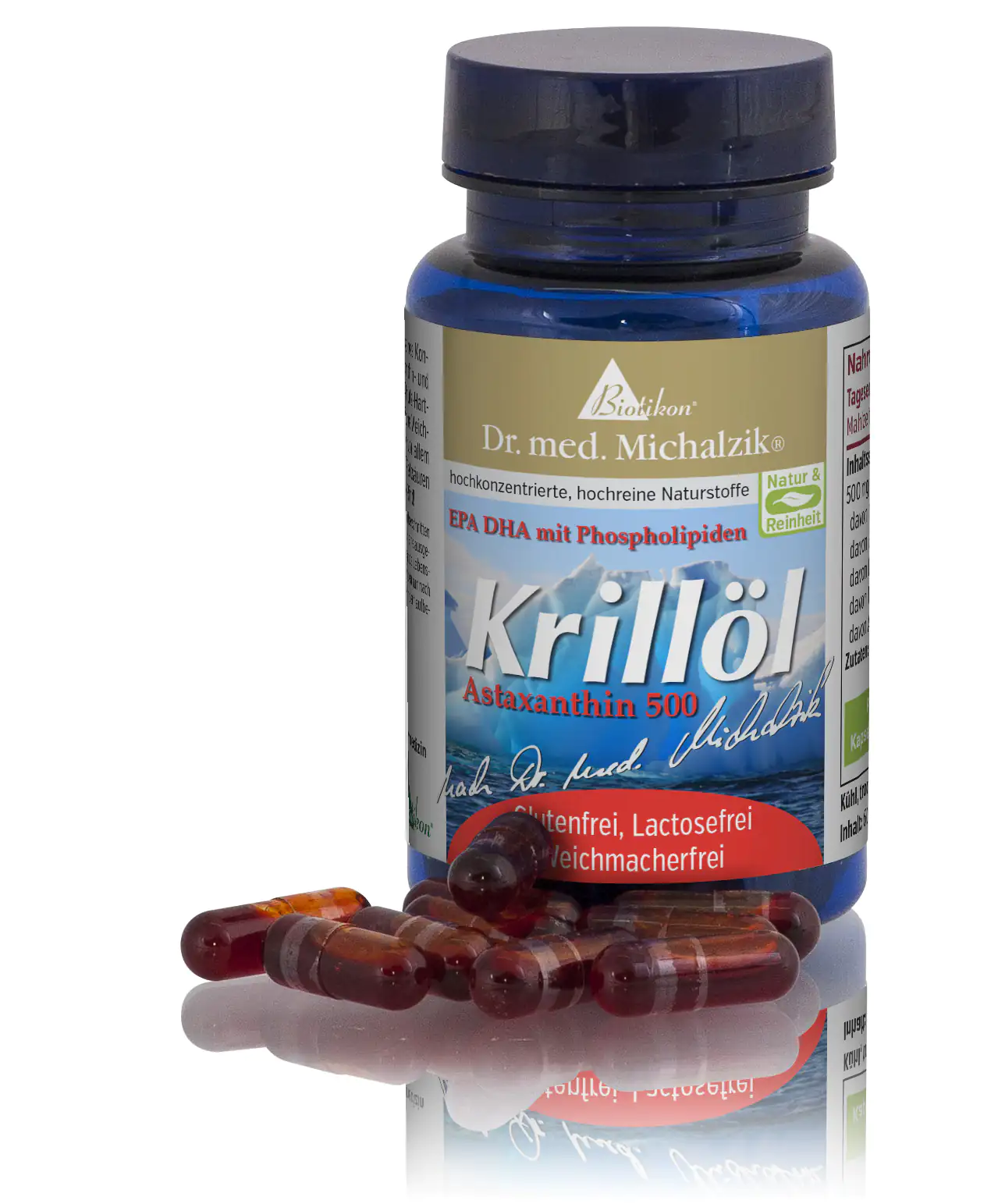 Olio di krill 500 mg – Capsule Capsule di olio di krill marroni, 500 mg, con confezione e alcune capsule accanto.