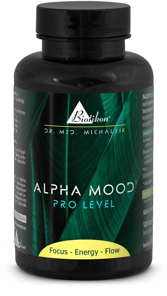 Alpha Mood 120 Capsule – Integratore Alimentare Confezione di capsule scure, 120 capsule, con motivi di foglie verdi, catturata frontalmente.