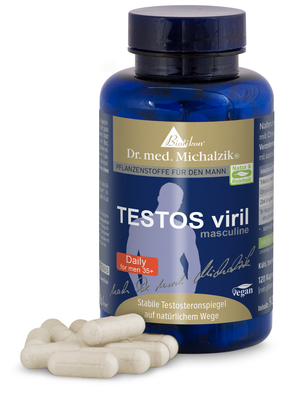 TESTOS Viril – 120 Capsule Capsule vegane color avorio, confezione da 120 capsule, in bottiglia blu, per uomini di età superiore ai 35 anni.