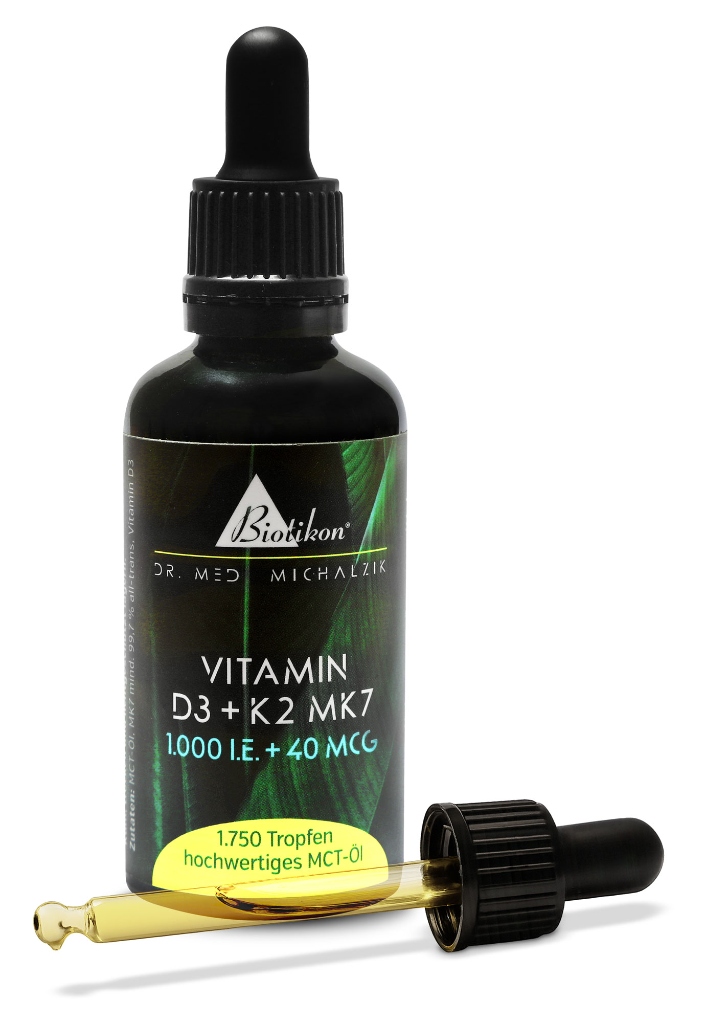 Vitamina D3 + K2 MK7 1000 UI + 40 MCG – Gocce Bottiglia di gocce di vitamina D3 e K2 MK7, 1750 gocce, olio MCT, confezione nera, contagocce visibile.