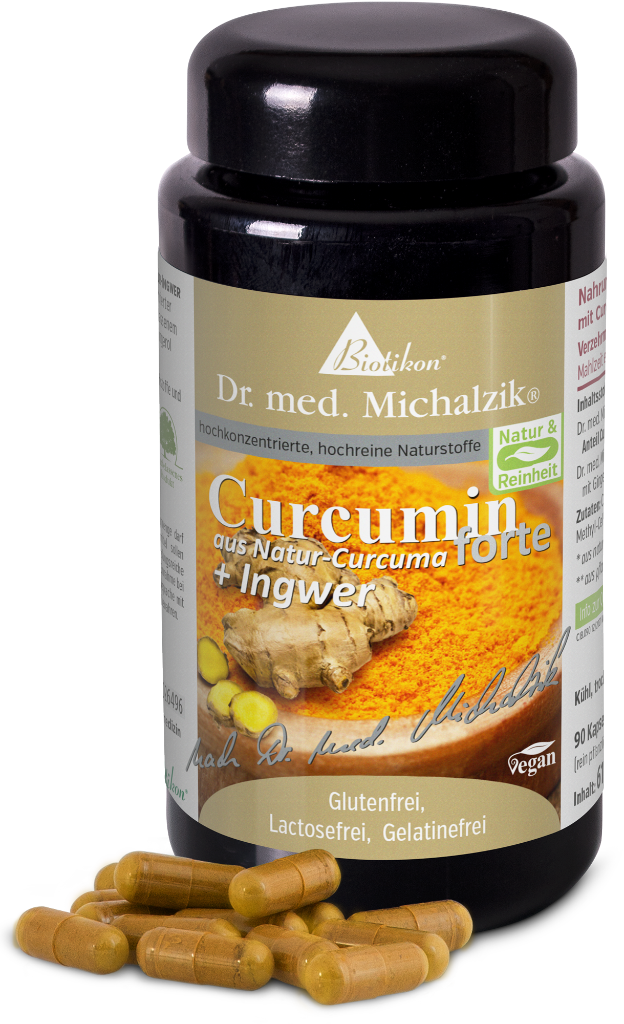 Curcumina 90 Capsule - Curcuma Naturale + Zenzero Contenitore nero con 90 capsule, curcumina con zenzero, vegano e senza glutine.